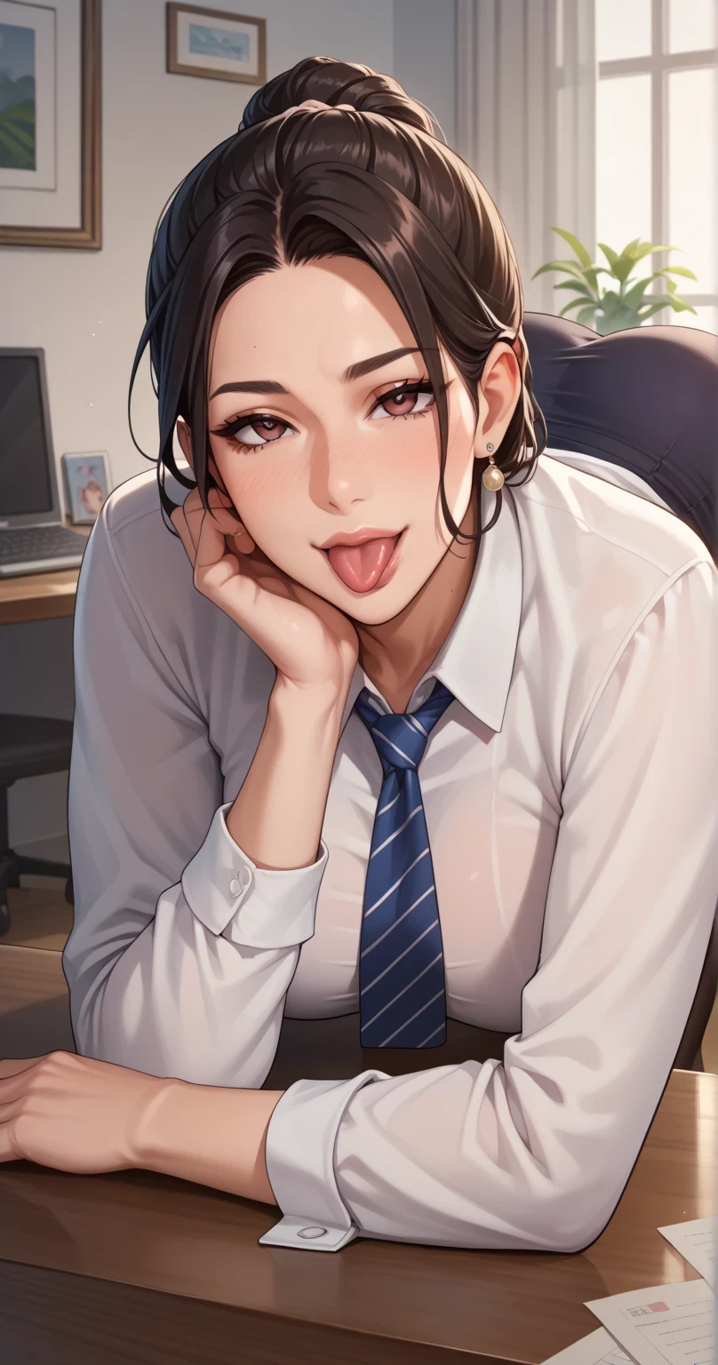 Score_9, Score_8_up, Score_7_up, Score_6_up, Score_5_up, Score_4_up, Source_anime, Tag1, Tag2, Best quality, High quality, Detailed, High resolution, 8k, Ultra high res, Soft saturation, Professional quality, Perfect contrast, Perfect litthing, Anatomically correct, Huge breasted, Wide hips, Gargantuan butt, Sensual woman, mature female, milf, motherly, Tongue out, seductive BREAK Face focus, Looking up, Top-down, Leaning forward, fully clothed
