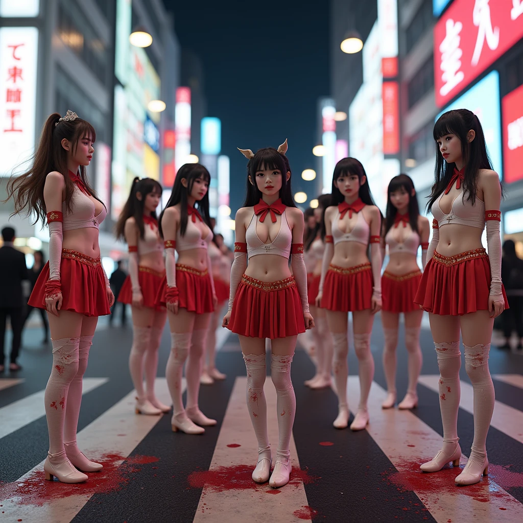 (((SFW, NSFW STILL SHOW, 12 Tiny Girls in a row:1.2, Shibuya Hachiko-mae scramble crossing on Halloween:1.2))), ((masterpiece:1.2, best quality, photorealistic:1.37)), {(Standing Full Body:1.2)|(from below:1.2)}, bandaged full body, { (bandaged head)| bandaged limbs | bleeding from pussy }, {((naked bandage))|metallic red nipple stickers}, {(bloody)|blood paste|(Blood-stained bandages)| (bloody inner thighs)}, ((Detailed KAWAII face, Detailed glistening ivory skin)), {Bustling street|Crossroads|(Passerby schoolgirls)| halloween| neon}, {(Childish:1.2|Gigantic Cleavage:1.37|Underboob:1.2)}, {Red leather high collar| Hair ornaments |shotgun|random hair colors}, {Floating hair|Strong wind|(((Ass focus)))}, Skirtlift, {(Kissing face to face)|:p|:d|laugh|sparkle|joyful|delighted|Drunk},extremely Detailed,