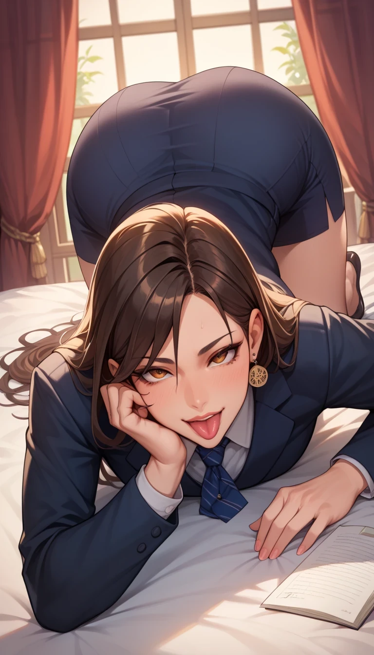 Score_9, Score_8_up, Score_7_up, Score_6_up, Score_5_up, Score_4_up, Source_anime, Tag1, Tag2, Best quality, High quality, Detailed, High resolution, 8k, Ultra high res, Soft saturation, Professional quality, Perfect contrast, Perfect litthing, Anatomically correct, Huge breasted, Wide hips, Gargantuan butt, Sensual woman, mature female, milf, motherly, Tongue out, seductive BREAK Face focus, Looking up, Top-down, Leaning forward, fully clothed