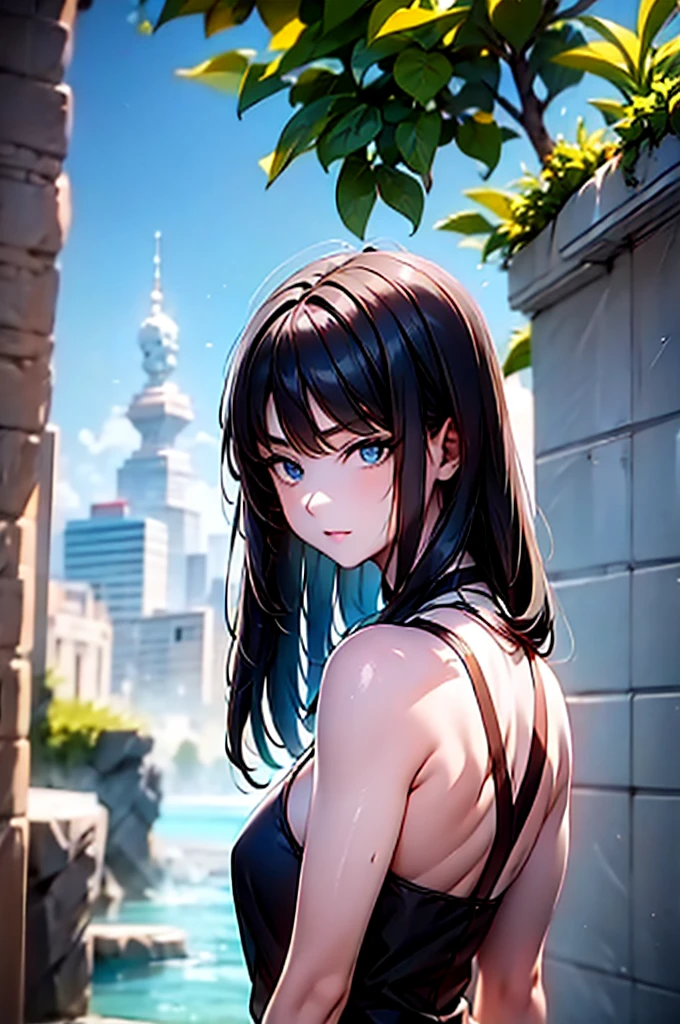 there is a picture of a male with female type hair like hair, solo, 1girl, black hair, looking at viewer, upper body, short hair, sleeveless, bare shoulders, from side