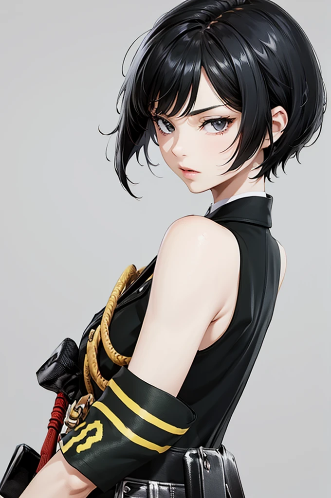 there is a picture of a male with female type hair like hair, solo, 1girl, black hair, looking at viewer, upper body, short hair, sleeveless, bare shoulders, from side