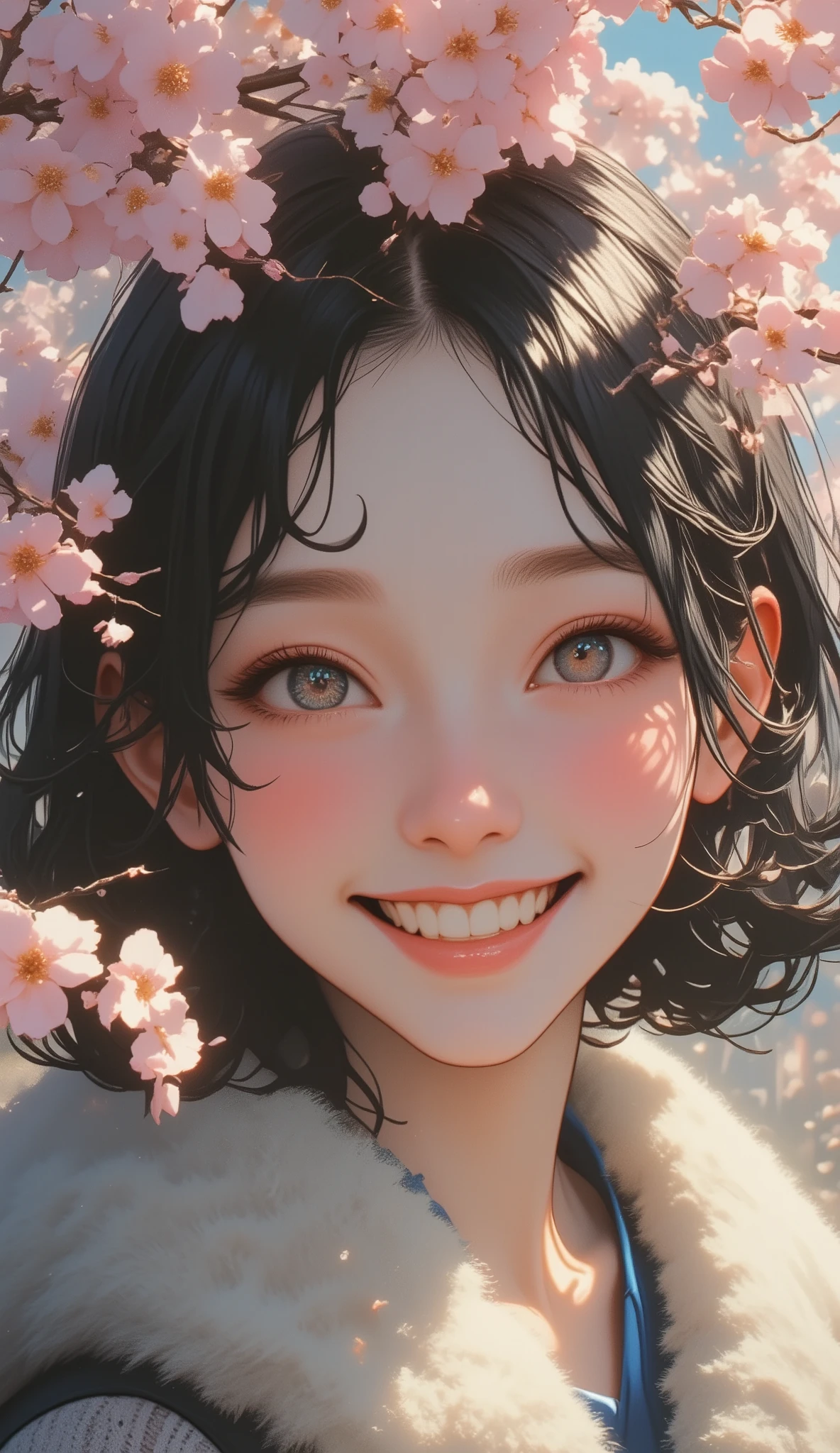 Retro photography, 1960s , AGFA , Kodak, 1 girl, portrait, looking_en_espectador, smile, Japan, , cherry blossom , octane render, Alone, trofo1