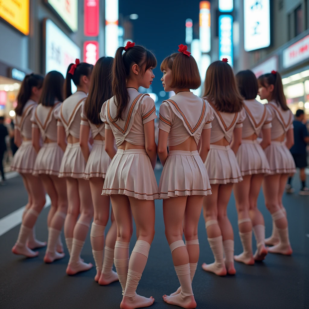 (((SFW, NSFW STILL SHOW, 12 Tiny Girls in a row:1.2, Shibuya Hachiko-mae scramble crossing on Halloween:1.2))), (masterpiece:1.2, best quality, photorealistic:1.37), {(Standing Full Body:1.2)|(from below:1.2)}, short silver hair, {School Uniform|naked bandage|tutu}, ((Detailed KAWAII face, Detailed Oily Porcelain skin)), {Bustling street|(Passerby schoolgirls)| halloween| neon}, {(Childish:1.2|Gigantic Cleavage:1.37|Underboob:1.2)}, {flower wreath|Red leather high collar}, {Floating hair|Strong wind|(((Ass focus)))}, (((Skirtlift:1.0))), {(Kissing face to face)|:p|:d|laugh|sparkle|joyful|delighted},extremely Detailed,