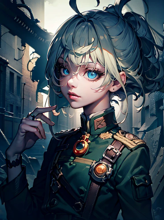 a young girl with long silver white hair, beautiful detailed eyes, beautiful detailed lips, extremely detailed face, oneeyes, long eyelashes, standing in an upside-down position, close-up portrait, intricate details, 1girl, Tanya Degurechaff, Tanya the Evil, Youjo Senki, blue and white uniform, military outfit, war background, ruined city, cinematic lighting, dramatic atmosphere, dark moody lighting, cold color palette, dramatic shadows, highly detailed, 8k, photorealistic, masterpiece, hyperdetailed, illustration