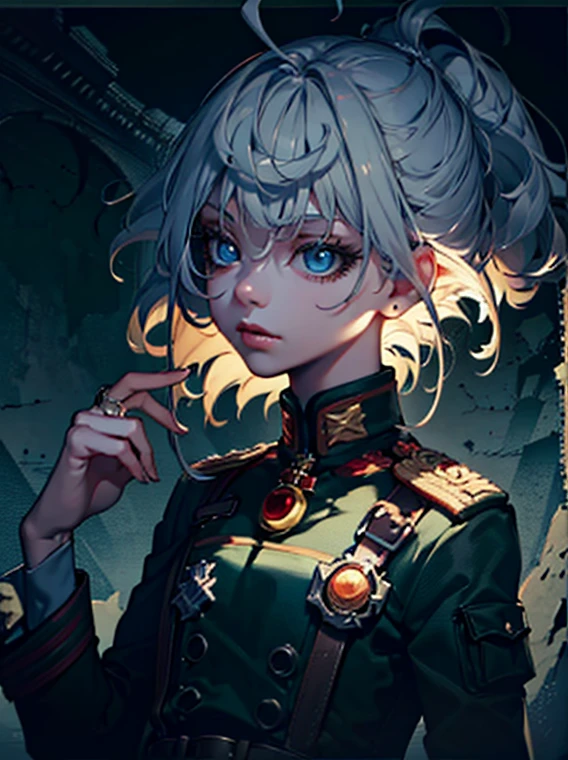 a young girl with long silver white hair, beautiful detailed eyes, beautiful detailed lips, extremely detailed face, oneeyes, long eyelashes, standing in an upside-down position, close-up portrait, intricate details, 1girl, Tanya Degurechaff, Tanya the Evil, Youjo Senki, blue and white uniform, military outfit, war background, ruined city, cinematic lighting, dramatic atmosphere, dark moody lighting, cold color palette, dramatic shadows, highly detailed, 8k, photorealistic, masterpiece, hyperdetailed, illustration