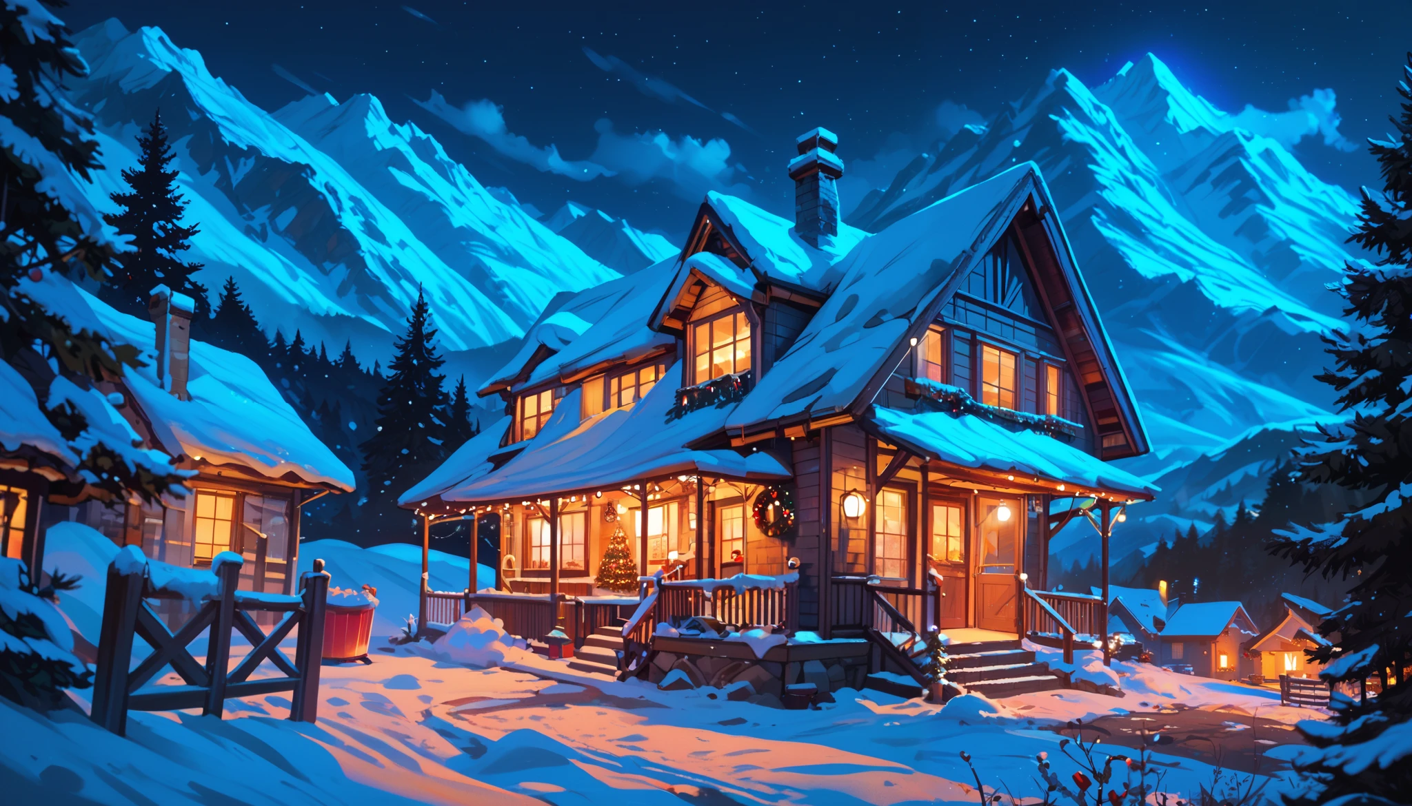  (a house in the mountains, christmas, chimney, night, moonlight)