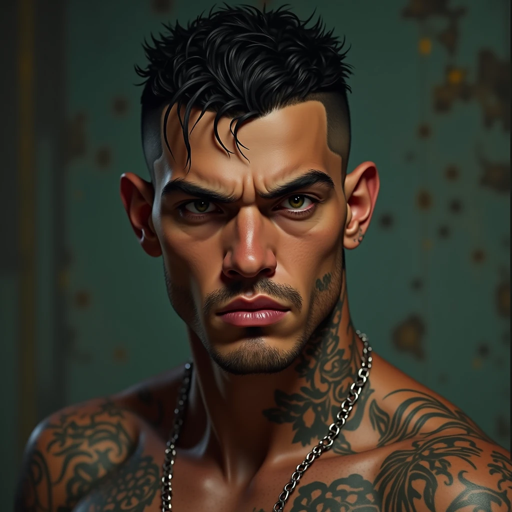 a young man AI high quality muscular tattoo with name “ruy” tanned skin piercing gaze pink mouth with realistic animated bedroom background