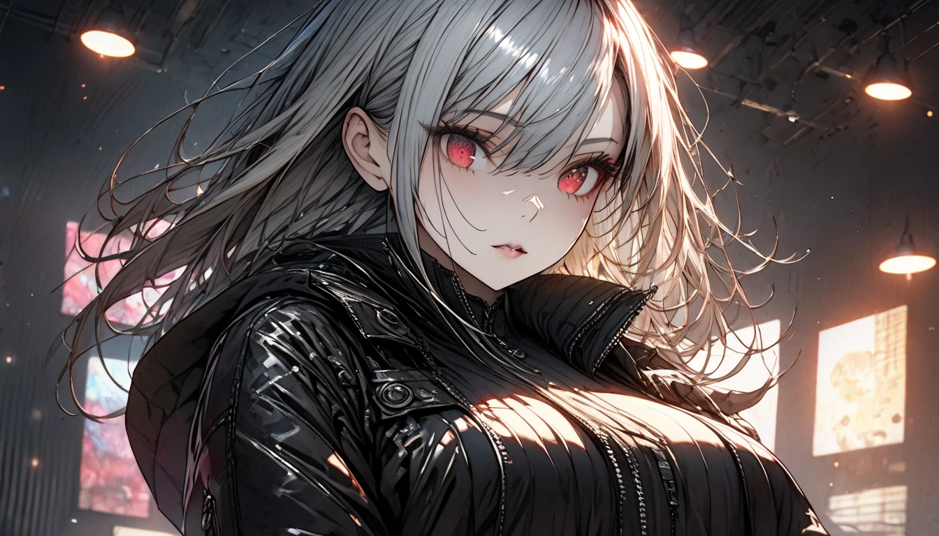 1girl, white hair, wild hair, red eyes, (white eyelashes:1.2), emotionless, red glow halo, (chromatic aberration:1.2), solo, digital dissolve, black bodysuit, 20 years old, mature, arrogant expression, black background, look at viewer 