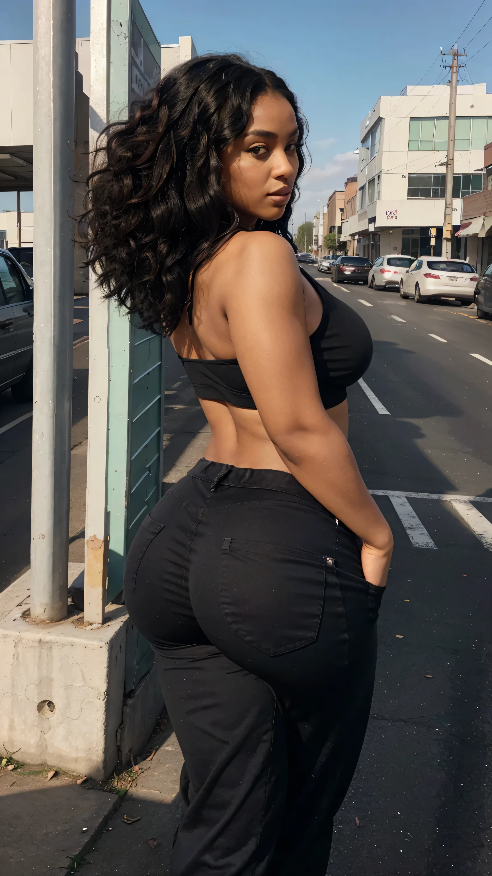 African gonna skin A woman with long curly hair Audi black pant and her hands are touching her hair.