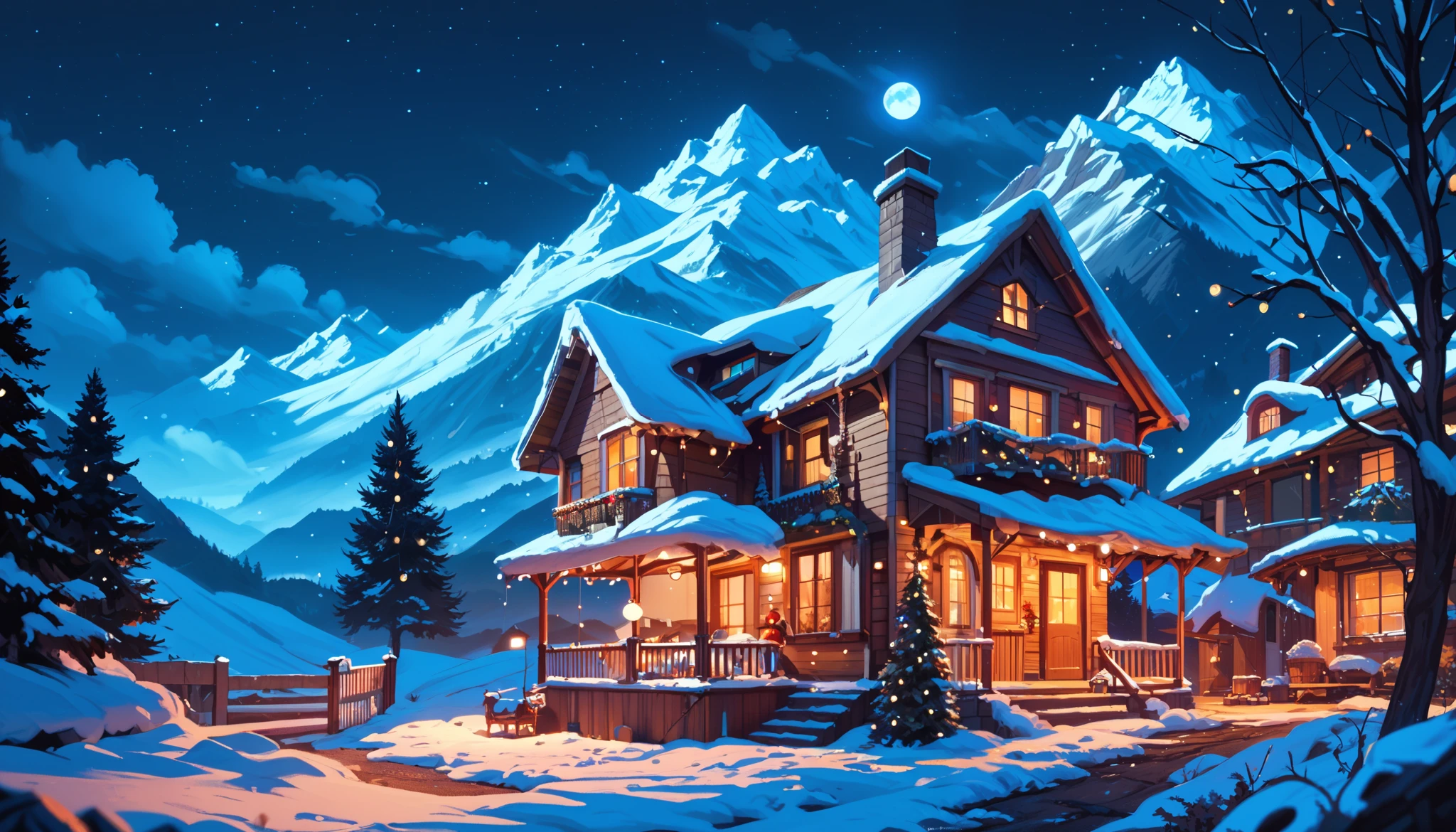  (a house in the mountains, christmas, chimney, night, moonlight)