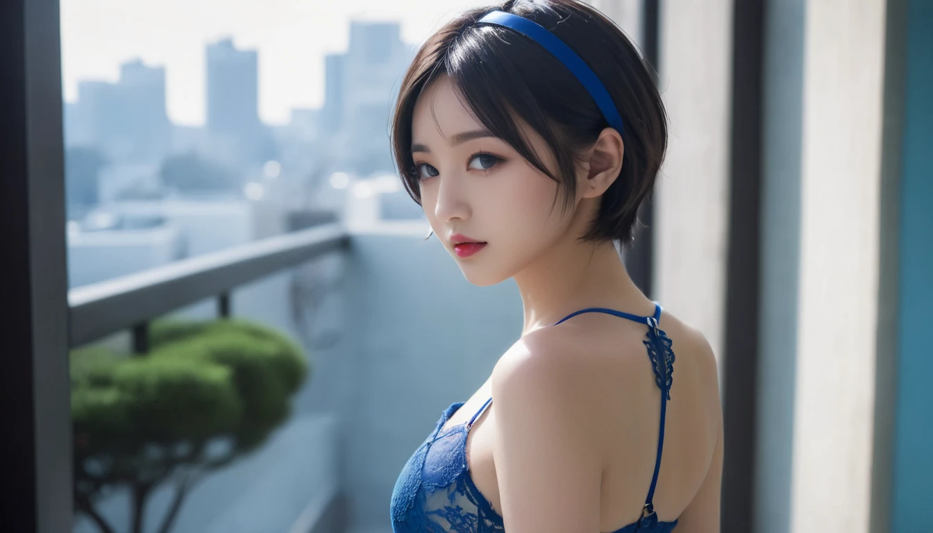 best quality, masterpiece, 16k, ultra detailed, beautiful skin, nsfw, High-resolution image quality, top-quality, extremely delicate and beautiful, extremely details CG, realistic, finely detail, full body shot, Beautiful feet, small buttocks, short hair, mini-skirt, visible underwear, peeping photo, outdoors, The subject is far away, long shot., looking away, Background is the latest Japanese urban streets., side view, Dark-colored lipstick, blue hair, thin eyebrows, Eyes sideways,