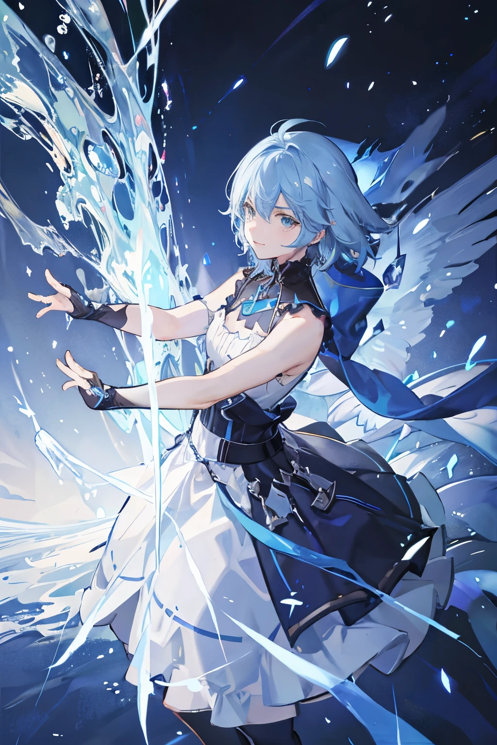 Anime girl with blue hair and white dress holding a sword - SeaArt AI