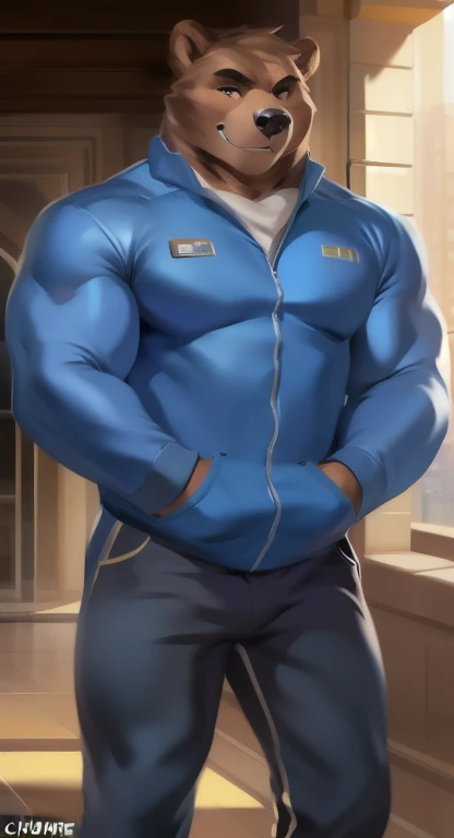 Highest quality, masterpiece, Very detailed,Muscular man, A long and very high middle part, Gray Hair, Erect penis swelling, Arms crossed,Blue tracksuit jacket, ecstatic expression, vibrant colors at a friend's house, perfection, No watermark, No logo, no signature Black Hair Spread your legs Get your hands on