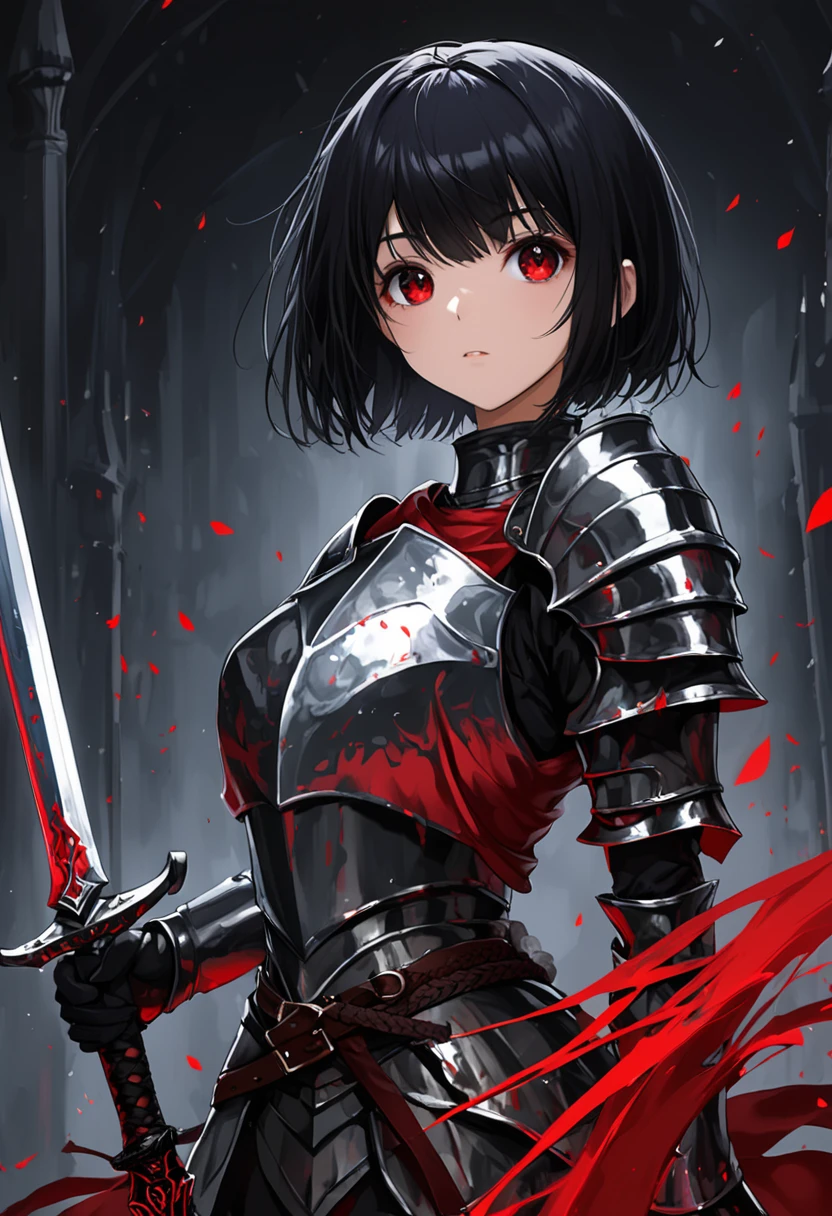 A beautiful girl with short black hair and red eyes was carrying a sword and wearing knight's armor