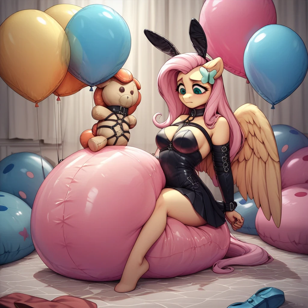 Humans, BDSM, balloon fetish, inflatables, looner, mistress and slave, femdom beautiful gentle mistress dominatrix mlpfluttershy in latex summer bouffant pleated dress, one leg stepping at her slave, inflatable pooltoy slave in inflatable latex suit with inflatable collar trapped inside huge inflatable balloon, medium thighs, medium breasts, hair ornament, fake bunny ears, perfect face, colorful balloons everywhere, inflatable pooltoys, huge inflatable toys around, inflatable bouncy castle, tied up by balloon bondage, supremacy, masterpiece, lust, inside inflatable environment