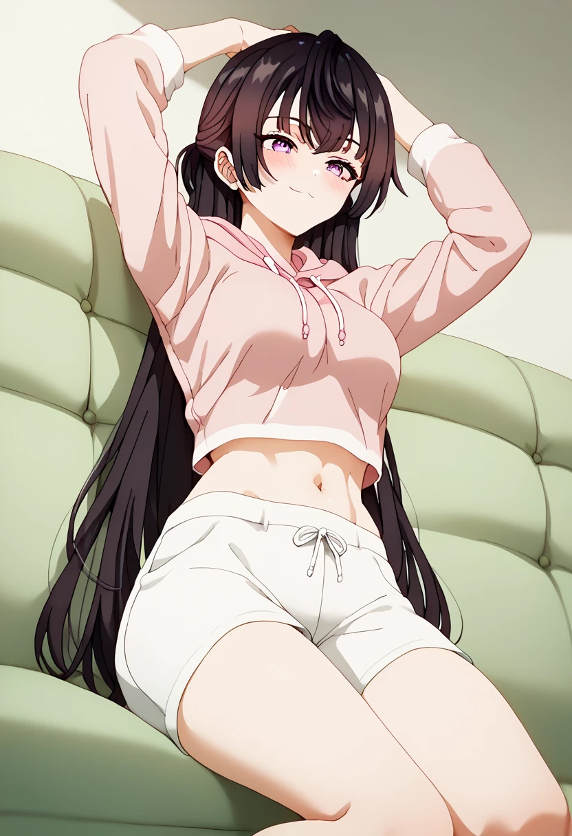 Score_9, Score_8_up, Score_7_up, ASCII masterpiece, source_anime, BREAK, 1girl, solo, yukisou, yukisou, long hair, bangs, brown hair, black hair , hair between the eyes, purple eyes, half up, medium breasts, pink hoodie, white shorts, sitting on a green sofa, from below, feet, bare feet, stepped on, smile, deep blushing, mouth closed, arm up, 
(Beautiful, medium breasts: 1.2), natural breasts, midriff, belly button exposed, both arms up 