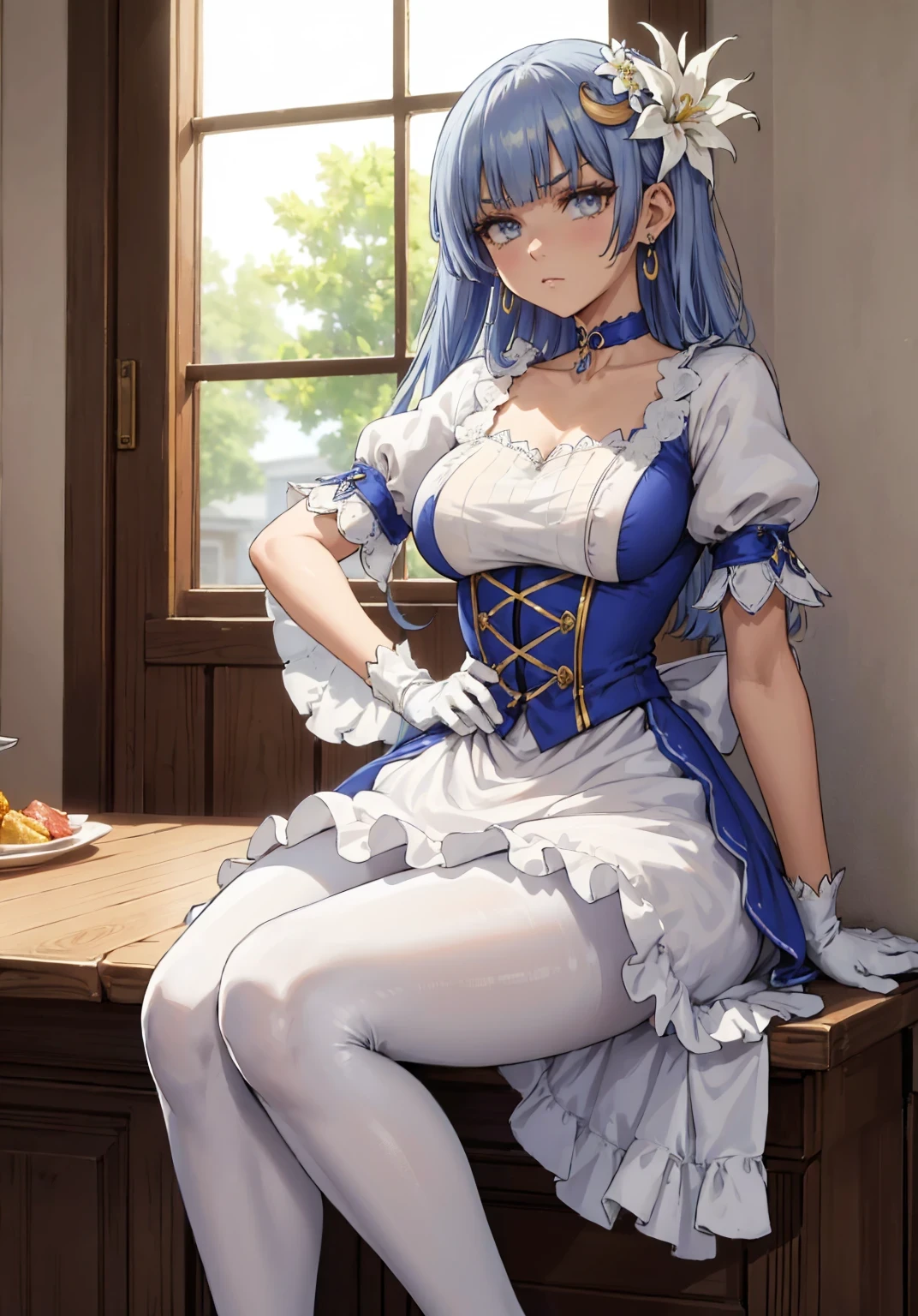 ((8K)), ((Chef d'oeuvre)), ((dressed character)), Miku Izayoi, ((bas gris)), ((sitting)), ((high heels)), (pantyhose gris), ((jambes grasses)), ((gros seins)), ((Original clothing)), ((Bas gris)), (qualité d'image très élevée), (bijouterie), (finely detailed eyes and detailed face:1.3), (extremely fine and beautiful:1.1), (Perfect details:1.1), IzayoiAstralDress, crescent hair ornament, hair flower, earrings, choker, yellow dress, puffy sleeves, white gloves, white pantyhose