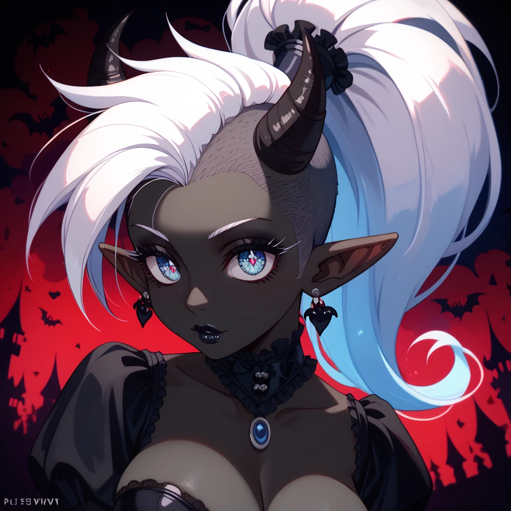 score_9, score_8_up, score_7_up, ((Masterpiece)), ((highres)), ((1girl, solo)), Random poses, beautifully detailed succubus girl, ((white mohawk w/ponytail)), defined elf ears with ear guages, defined eyes, pastel iris, long eye lashes, defined nose, black lipstick, curvy, (((Black skin))), black demon horns, breasts, night sky, pastel gothic style, gothic style art, gothic asthetic, (((gothic horror background))), bust shot