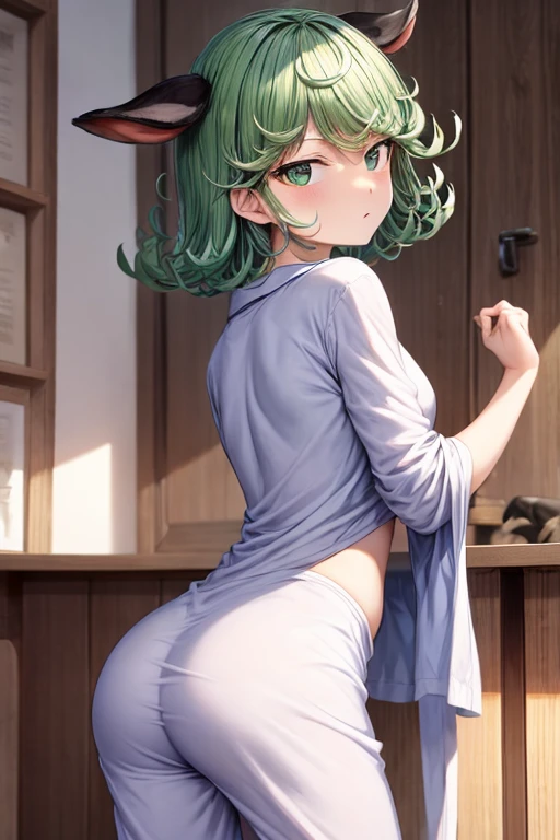 (Masterpiece), Best Quality, ultra-detailed, 1girl (zodiac_mallow, lovely small breasts, dark skin, naked body, green hair, long wave hair, headband, pink flower in hair, green eyes, half-closed eyes, ), a come-hither face, parted lips, head tilt, nose blush, blush, solo,dark skin, white y-shirts(long sleeve, buttons), big y-shirts, naked y-shirts, dark skin, corridor, night time, , standing, Sexy waist teasing, back, behind, Shows ass , back-view 