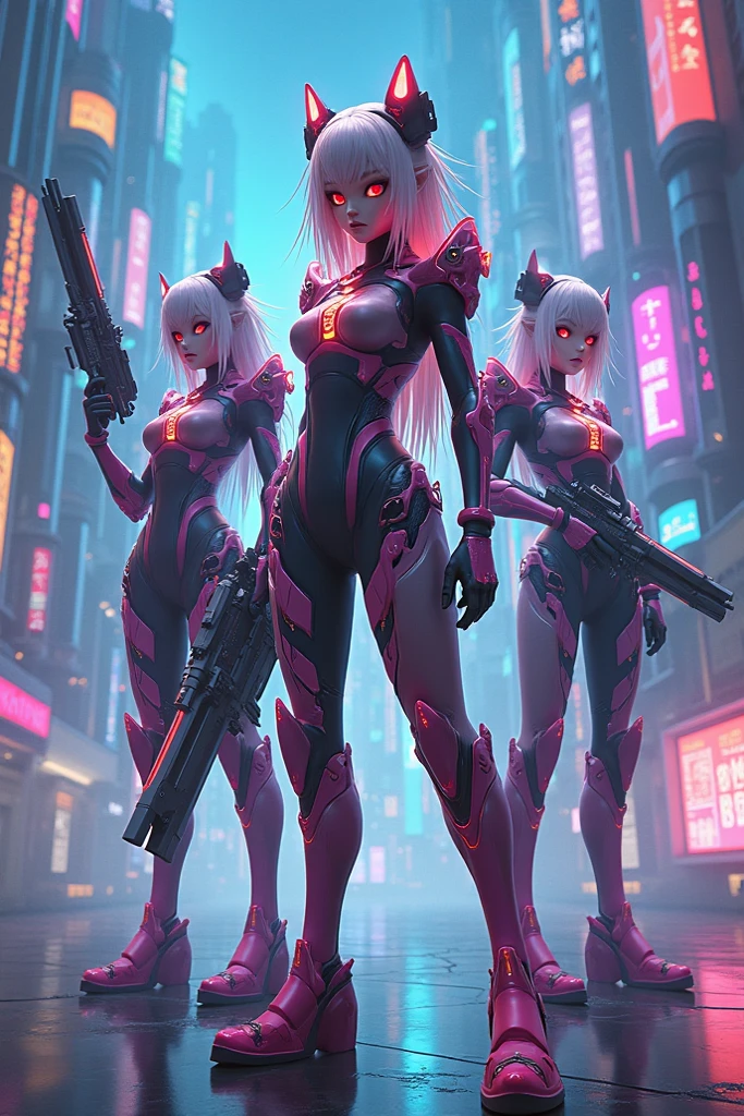 full body picture Unreal Engine 5 8K UHD of a squad of beautiful women, random hair style style, wearing Evangelion black plug suit, half face cyberpunk mask, electric violet neon light details, cyberpunk city, equipping futuristic guns patrolling the city, best quality, masterpiece