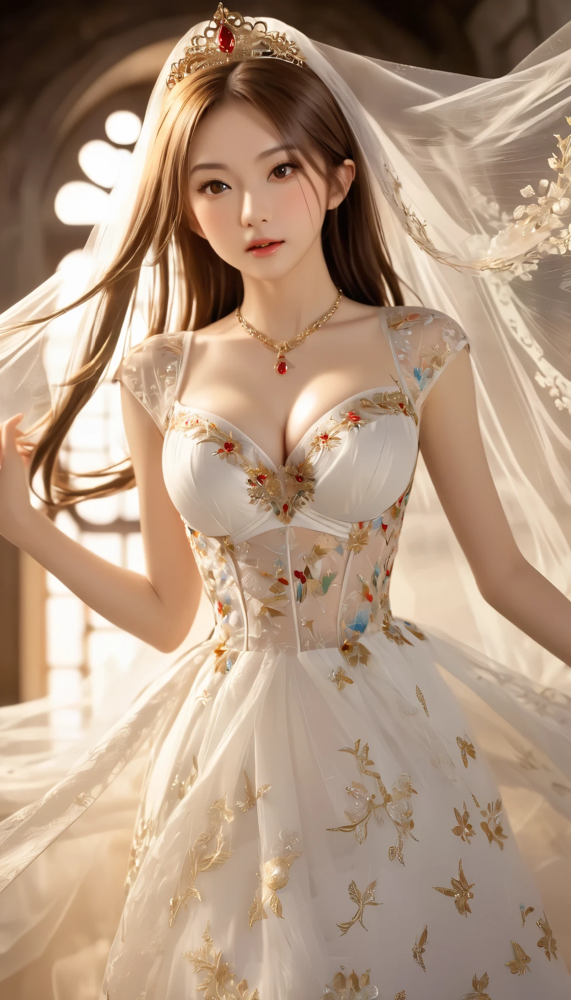 light particles, soft lighting, volumetric lighting, intricate details, finely detailed,1 sexy lady, solo, 22 years old, slim and healthy body, full body shot, (nudity:0.5), (beautiful and small bouncing firm ample breasts, deep cleavage:1.5) and a huge waist, blonde hair, long hair, high ponytail, red eyes, long eyelashes, thick eyelashes, looking at viewer, (Wedding dresses made of thin lace fabric that show through the skin, luxurious tiaras, necklaces, and very long veils:1.2), jacket with a snow and golden phoenix embroidery, Long skirt made of thin lace fabric that show through the skin, puffy sleeves, Juliet sleeves, (long sleeves:1.2), gorgeous stained glass with a story of Christ's birth embroidery, , (walking down the large, luxuriously decorated European style cathedral:1.3)、,, (back side view:1.3),