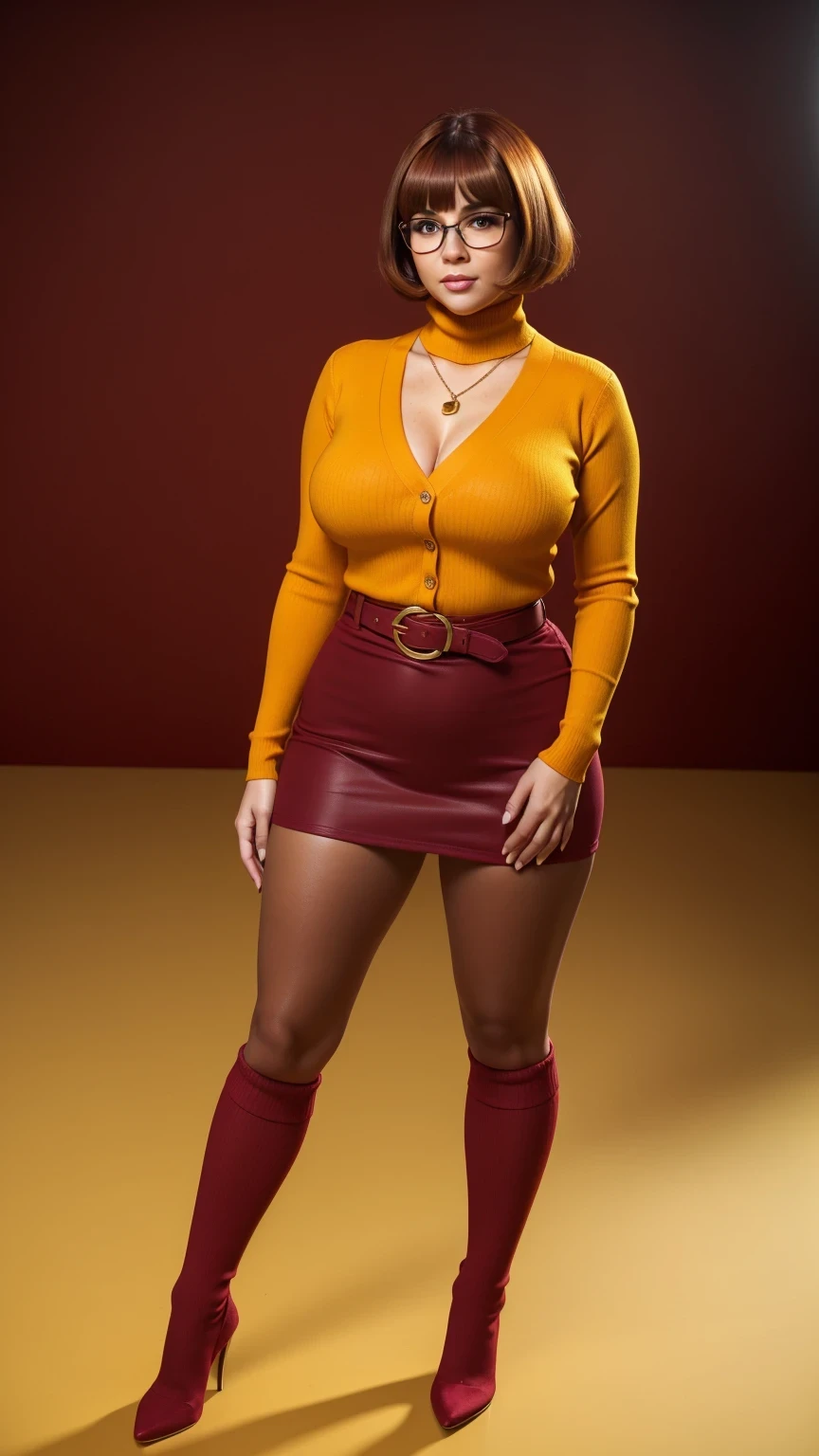 ((masterpiece, best quality, ultra-detailed, ultra-HD, photorealistic, cinematic)), (wide camera shot, full body view:1.5), (sensual pose, standing), (alluring and voluptuous female as Velma Dinkley:1.2), tight and thin yellow pants, perfect anatomy, perfect face, proportioned hands, (deep shade of auburn with a slight natural wave hair color, chin-length bob with blunt bangs hairstyle:1.3), (retro-chic style outfit, knee-length and maroon turtleneck dress:1.2), (a matching maroon belt that cinches at her waist:1.2), (thick-framed black square glasses), (wears knee-high, mustard-yellow socks that peek out just above her brown, sensible lace-up shoes), (sports a delicate, gold pendant necklace), (vibrant orange cardigan slung over her shoulders), ((dynamic background))
