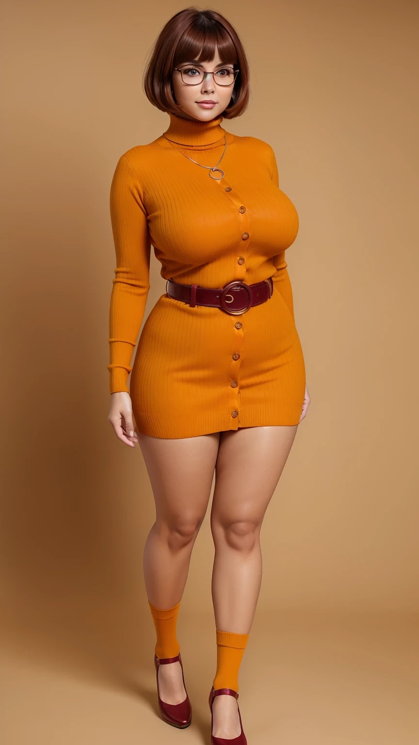 ((masterpiece, best quality, ultra-detailed, ultra-HD, photorealistic, cinematic)), (wide camera shot, full body view:1.5), (sensual pose, standing), (alluring and voluptuous female as Velma Dinkley:1.2), perfect anatomy, perfect face, proportioned hands, (deep shade of auburn with a slight natural wave hair color, chin-length bob with blunt bangs hairstyle:1.3), (retro-chic style outfit, knee-length and maroon turtleneck dress:1.2), (a matching maroon belt that cinches at her waist:1.2), (thick-framed black square glasses), (wears knee-high, mustard-yellow socks that peek out just above her brown, sensible lace-up shoes), (sports a delicate, gold pendant necklace), (vibrant orange cardigan slung over her shoulders), from below, from below, huge breasts
