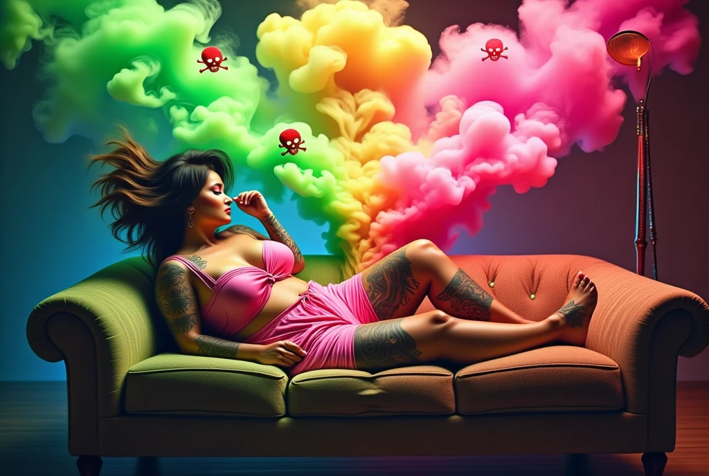 ((masterpiece)) ((photography)) ((Highest quality)) A caricature illustration of a curvy tatooed woman in a short pink pajama, lying on her couch with her feet slightly propped up. Behind her, a cloud of green, pink, and yellow smoke with skull and crossbones symbols made of red smoke emerges. She holds her nose with two fingers, pinching her nostrils shut.

