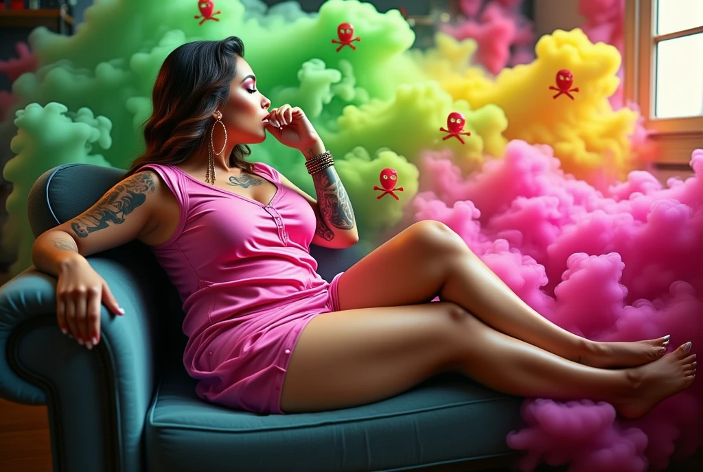 ((masterpiece)) ((photography)) ((Highest quality)) A caricature illustration of a curvy tatooed woman in a short pink pajama, lying on her couch with her feet slightly propped up. Behind her, a cloud of green, pink, and yellow smoke with skull and crossbones symbols made of red smoke emerges. She holds her nose with two fingers, pinching her nostrils shut.

