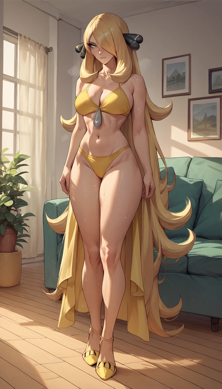 cynthia(pokemon),One girl.,beautiful girl,Long blonde hair,gray eyes,Yellow bikini,yellow high heels,in the living room,Hot Weather,Sweating, small beasts, thich thighs