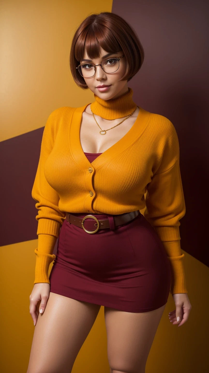 ((masterpiece, best quality, ultra-detailed, ultra-HD, photorealistic, cinematic)), (wide camera shot, full body view:1.5), (sensual pose, standing), (alluring and voluptuous female as Velma Dinkley:1.2), tight and thin yellow pants, perfect anatomy, perfect face, proportioned hands, (deep shade of auburn with a slight natural wave hair color, chin-length bob with blunt bangs hairstyle:1.3), (retro-chic style outfit, knee-length and maroon turtleneck dress:1.2), (a matching maroon belt that cinches at her waist:1.2), (thick-framed black square glasses), (wears knee-high, mustard-yellow socks that peek out just above her brown, sensible lace-up shoes), (sports a delicate, gold pendant necklace), (vibrant orange cardigan slung over her shoulders), ((dynamic background))