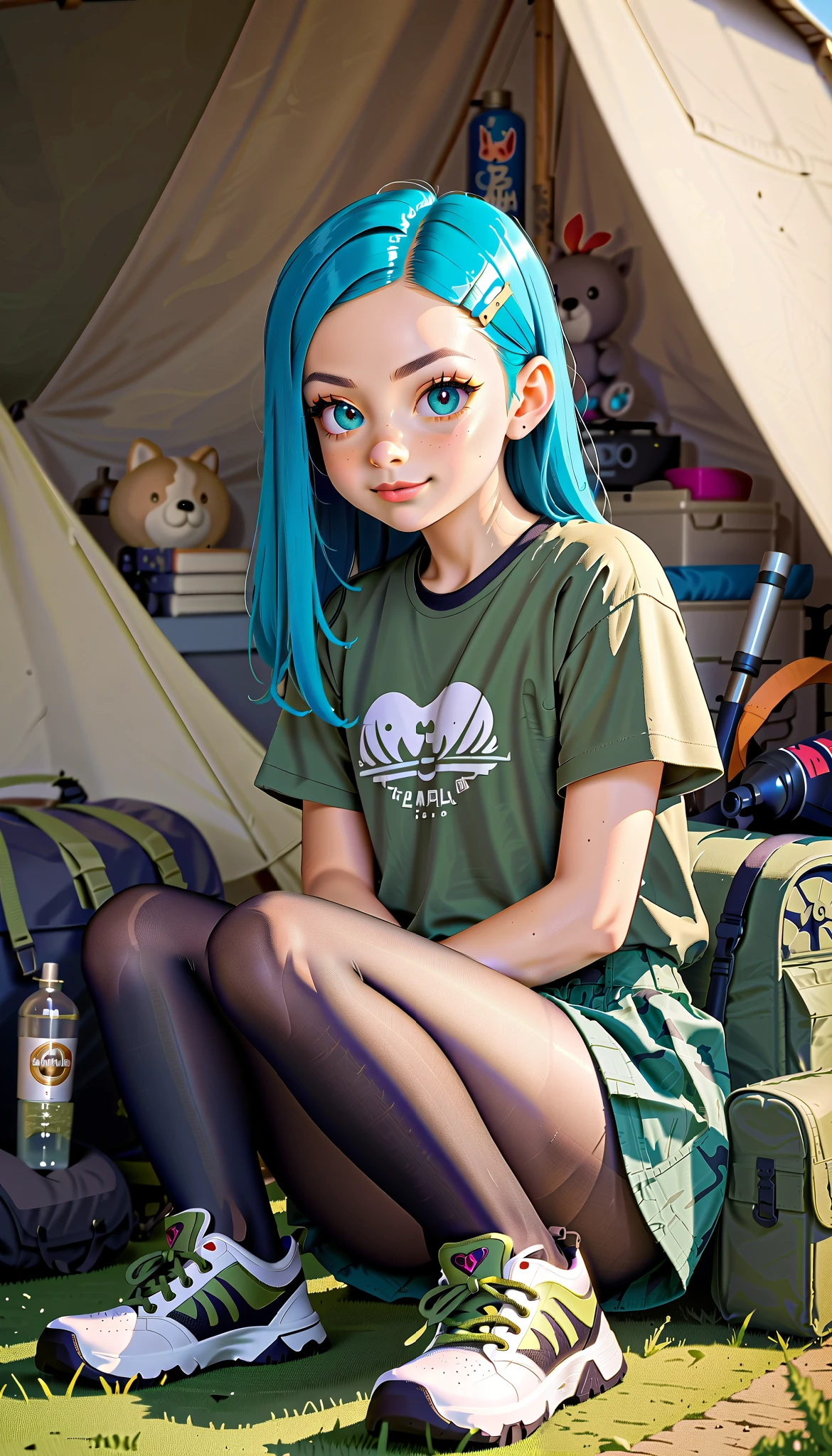 Asuka Tanaka, Blackcut off tight camouflage top, extra short army green cargo skirt, (highly shiny black pantyhose:1.4), sneakers, (loli:1.4), sitting in a camp