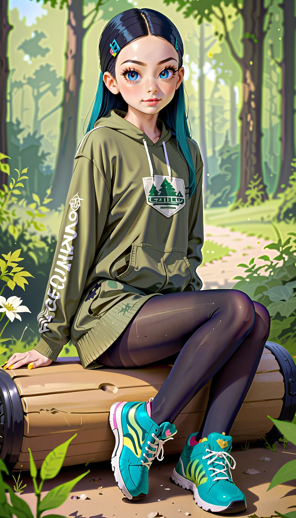 Asuka Tanaka, Blackcut off tight camouflage top, extra short army green cargo skirt, (highly shiny black pantyhose:1.4), sneakers, (loli:1.4), sitting in a camp