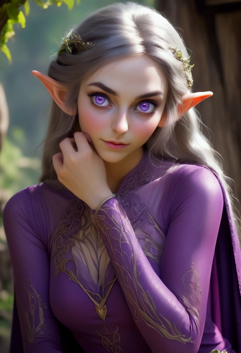 A cute woman (age 20, role of an elven enchantress, sexy sheer violet outfit, violet sparkling eyes) has come to visit a village of giga busty fair skinned lactating lesbians, lesbian love, adult breastfeeding, extreme beauty, next to no clothes, lovely fertility village, tit sucking fun
