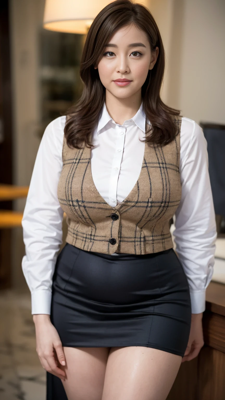 ((best quality, photorealistic, 8k, high res)), masterpiece, 1 girl, attractive service clerk, big breasts:0.5, mature lady, light brown hair, random hairstyle, perfect proportions, anatomy correct, plaid vest, pencil skirt, thighs are exposed, thick thigh, The background is a luxury inn、((bbw:1.5)),futanari