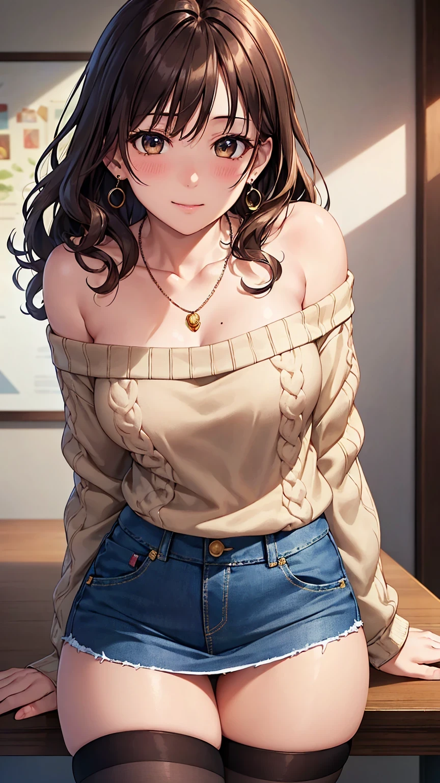 (table top, highest quality, High resolution, , perfect pixel, 4k,), 1 girl, single, alone, Beautiful woman、I could see the whole body、 ((wavy mid-length hair, bangs, brown hair)), ((brown eyes, beautiful eyelashes, realistic eyes)), ((detailed face, blush:1.2)), ((smooth texture:0.75, realistic texture:0.65, realistic:1.1, Anime CG style)), medium breasts, dynamic angle, perfect body, ((, female teacher, , earrings、necklace、turtleneck sweater、、black knee high stockings、((open both legs wide、open both knees))、Tight denim skirt、shy smile、Sitting at the pulpit、emphasize the chest)), Upper grade、、、evening、、(You can see the blue and white lace panties、、(、)、angle from below)、