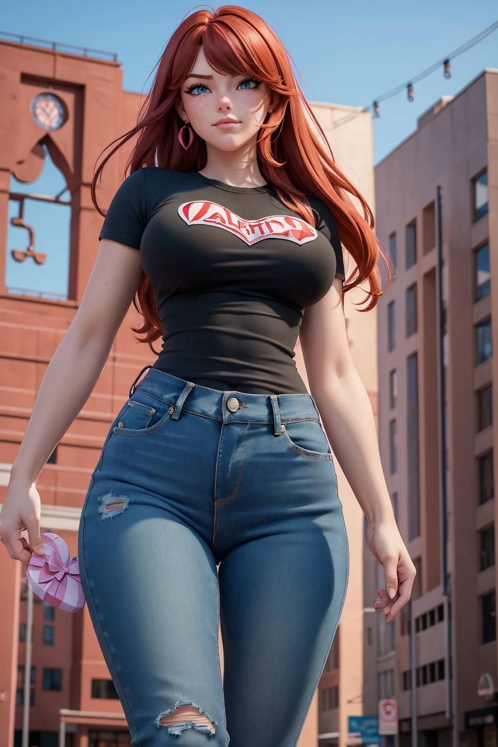 High quality(face+yellow eyes+red lips), longest blue hair(huge +very ),a woman wear clothes ( T-shirt +jeans), standing in the street ,red lips and perfect face, body with biggest breasts and wide hips, photorealism v2