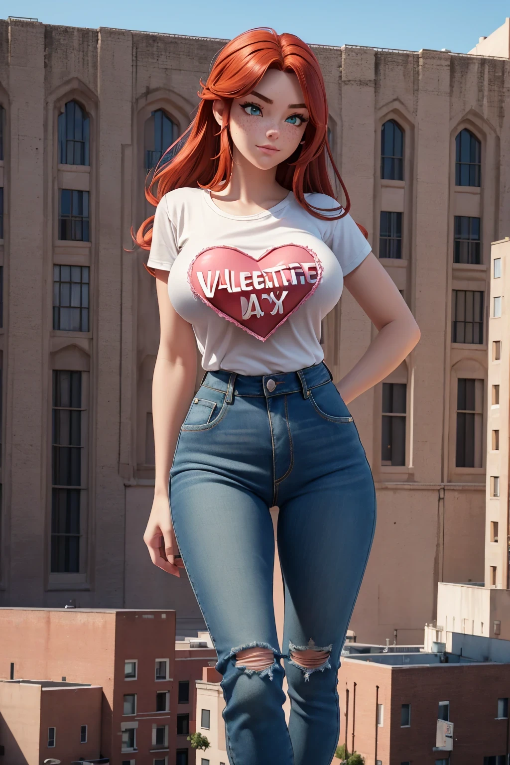 (Ranma)(1solo)(1girl)((Solo)) ((Masterpiece)) ((High Quality)) (slim thick)((Perfect Face)) ((Huge Breasts)) ((Wide Hips)) ((Narrow Waist)) ((Beautiful)) ((Redhead)) ((Long Hair)) ((Light Skin)) ((Cute Nose)) ((BLue Eyes)) ((Young)) ((Transparent Tee Shirt)) ((Jeans))(cameltoe)