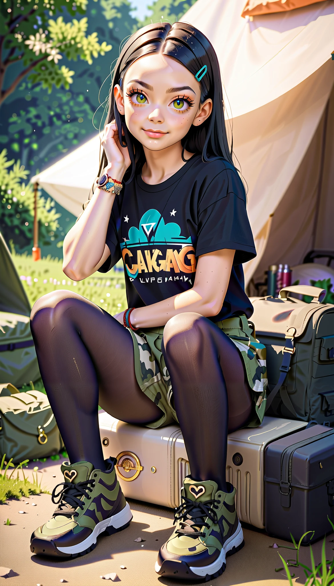 Asuka Tanaka, Blackcut off tight camouflage top, extra short army green cargo skirt, (highly shiny black pantyhose:1.4), sneakers, (loli:1.4), sitting in a camp