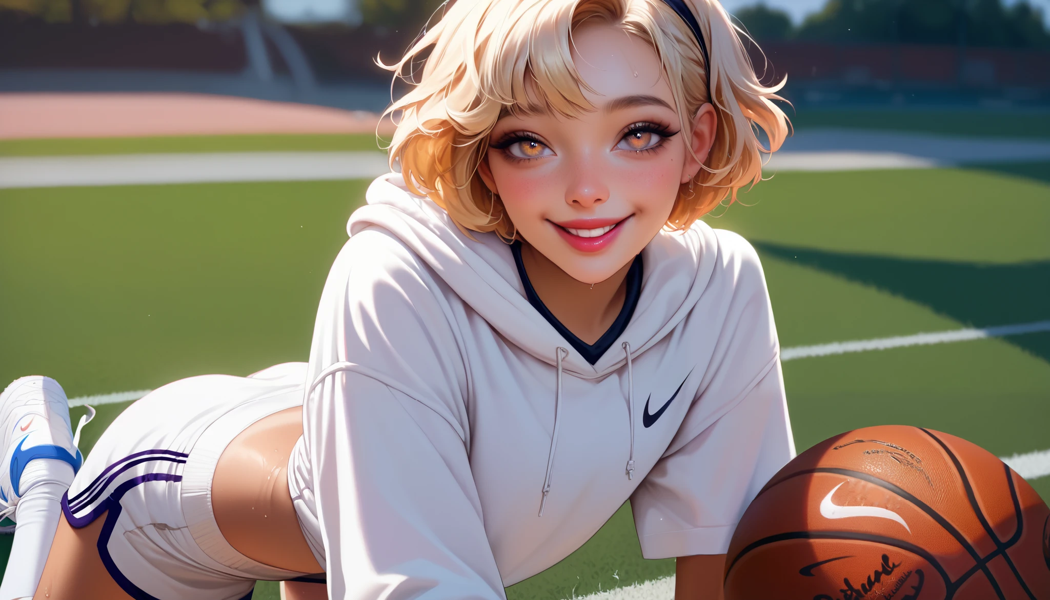 hyperrealistic, detailed face, toned blonde femboy, blond eyes, slim, male, feminine touch, blond open short hair, tanned, slight tan lines, lipgloss, happy but exhausted, panting, sweaty, flat chest, seductively smiling at the viewer, oversized white hoodie, compression leggins under basketball shorts, white sneaker, nike, football field, spotlights, at night