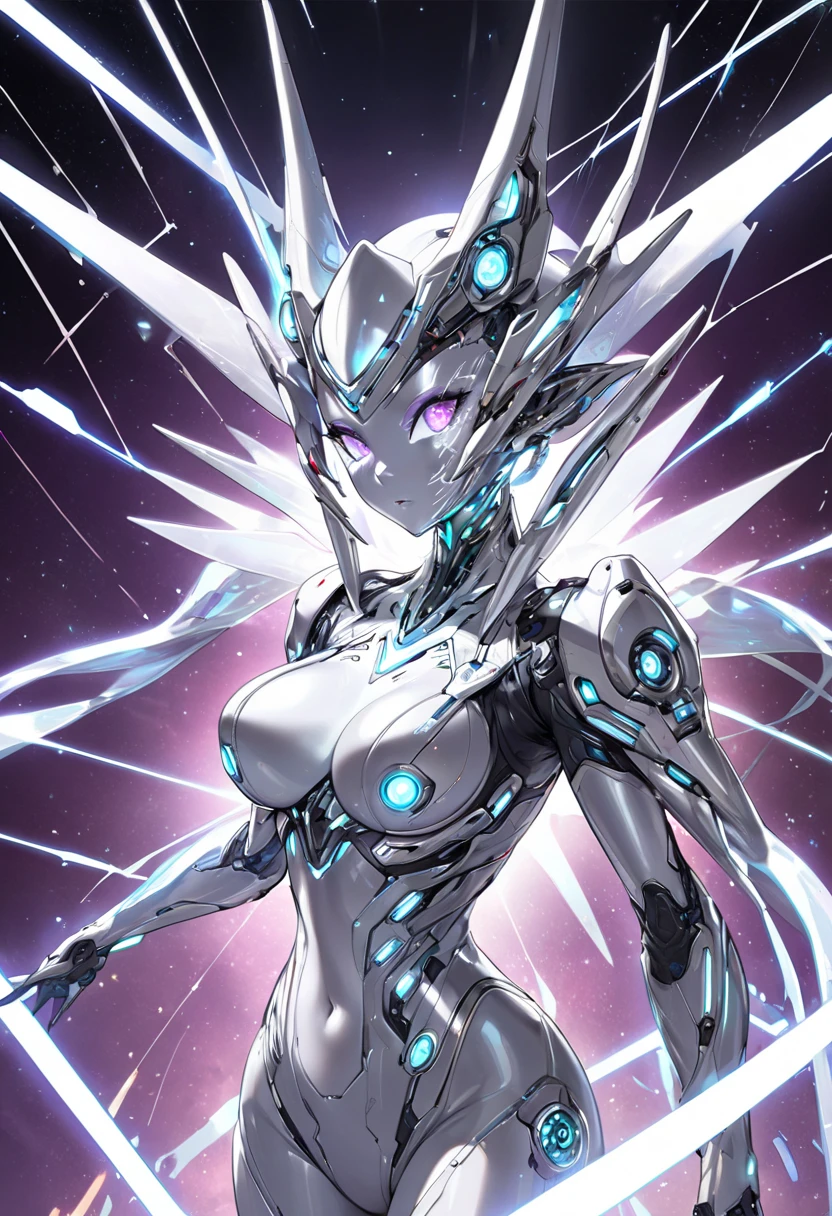 top-quality、Top image quality、masterpiece、girl with((black glowing airplane、glowing mechanic suit、18year old、 ager、cute little、Best Bust、big bast,Beautiful shining purple eyes、Breasts wide open, white hair、Longhaire、A slender,Large valleys、belligerent movements,sharp claws、double arm beam rifle、Crystal visor on the right eye、Bright wings、fight)),hiquality、Beautiful Art、Background with((Space Battlefield)))、,masutepiece、depth of fields,Cinematic style