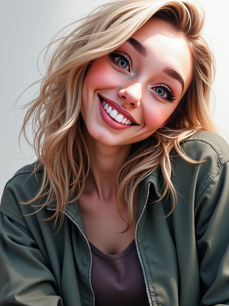 detail, 真实感, 4K, thin 20 year old, face detail, big green eyes, fleshy lips, steep nose, Grinning, long light brown hair, hair with blonde highlights platinada, hair with blonde highlights, in a lilac sweatshirt, with computer on lap, joyful look, glare eyes, detail embaixo do olho esquerdo, window with beige curtain in the background, foreground lighting, realistic shot, Depth of field, frontal soft light, sheen, HDR (subdued colors: 1.2), Canon RF 100mm F2.Macro 8L IS USM