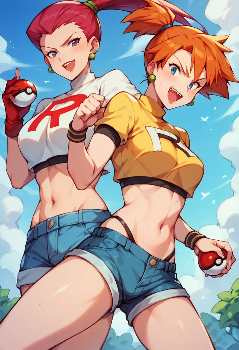 2 girl Pokemon character's ((red headed misty Kasumi (wraring misty Kasumi costume(yellow t-shirt, red braces, denim shorts)) fighting (Jessie rocket wearing Jessie rocket costume) Sexy , large breasts. Holding pokeball