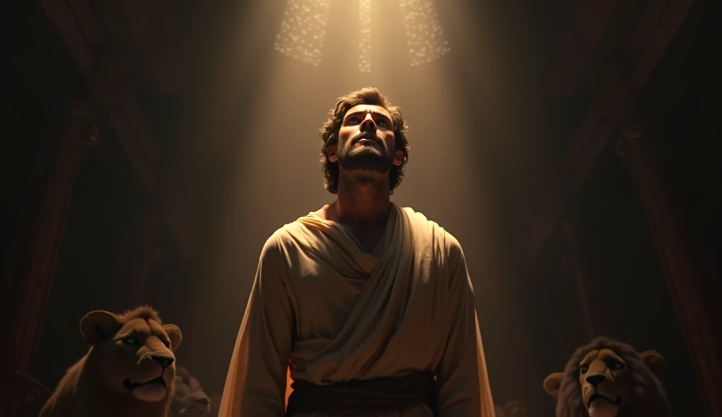 2500 years ago, Daniel stands in a dark, shadowy room with light streaming in from above, illuminating his face. His expression is one of calm resolve, eyes slightly closed in a moment of silent prayer. The shadows of lions loom in the background, but Daniel’s face shows no fear, only serene trust.