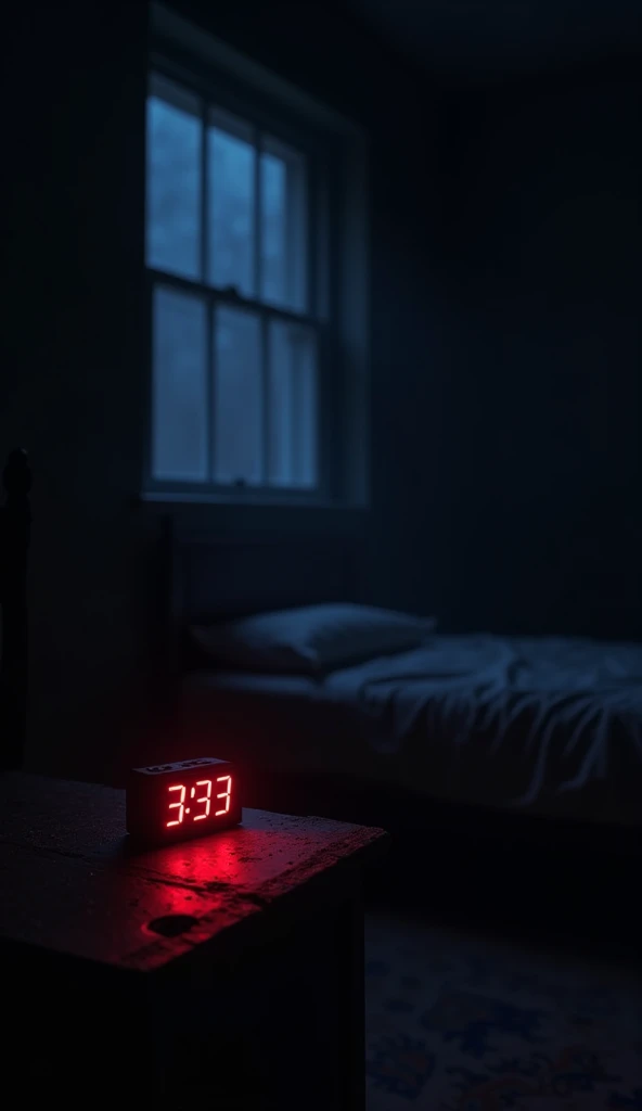 A dark and minimalistic bedroom viewed from a corner, away from the bed. A small digital clock with red glowing numbers sits on a nightstand, clearly displaying 3:33 AM. The clock is the primary light source, casting a faint red glow that illuminates the surface of the nightstand and the edges of a nearby chair or small object. The bed is barely visible in the background, shrouded in shadows. The rest of the room is enveloped in heavy darkness, with furniture outlines barely distinguishable. A faint bluish glow enters through a partially open window, adding a subtle, eerie light to the scene. The shadows in the corners appear unnaturally deep, as if something unseen is lurking.