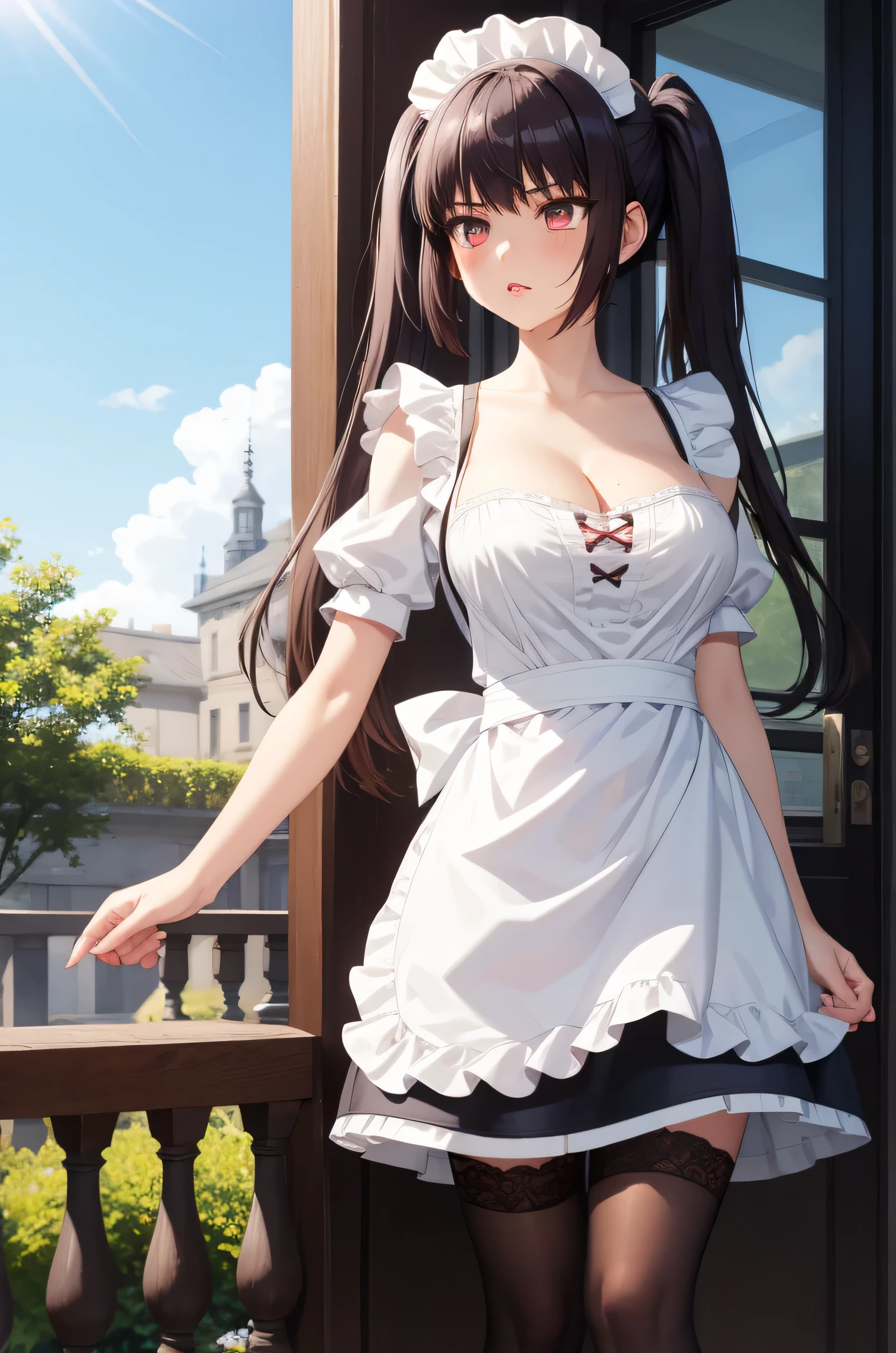 1girl, natural lighting, masterpiece, highly detailed, illustration, game CG, absurdres, high quality, Sana Sunomiya, large breasts, beautiful detailed eyes, long hair, twintails, bangs, glossy lips, lips parted, blush, garden, standing, maid, short puffy sleeves, small maid apron, white thigh highs, collarbone, cleavage, from below