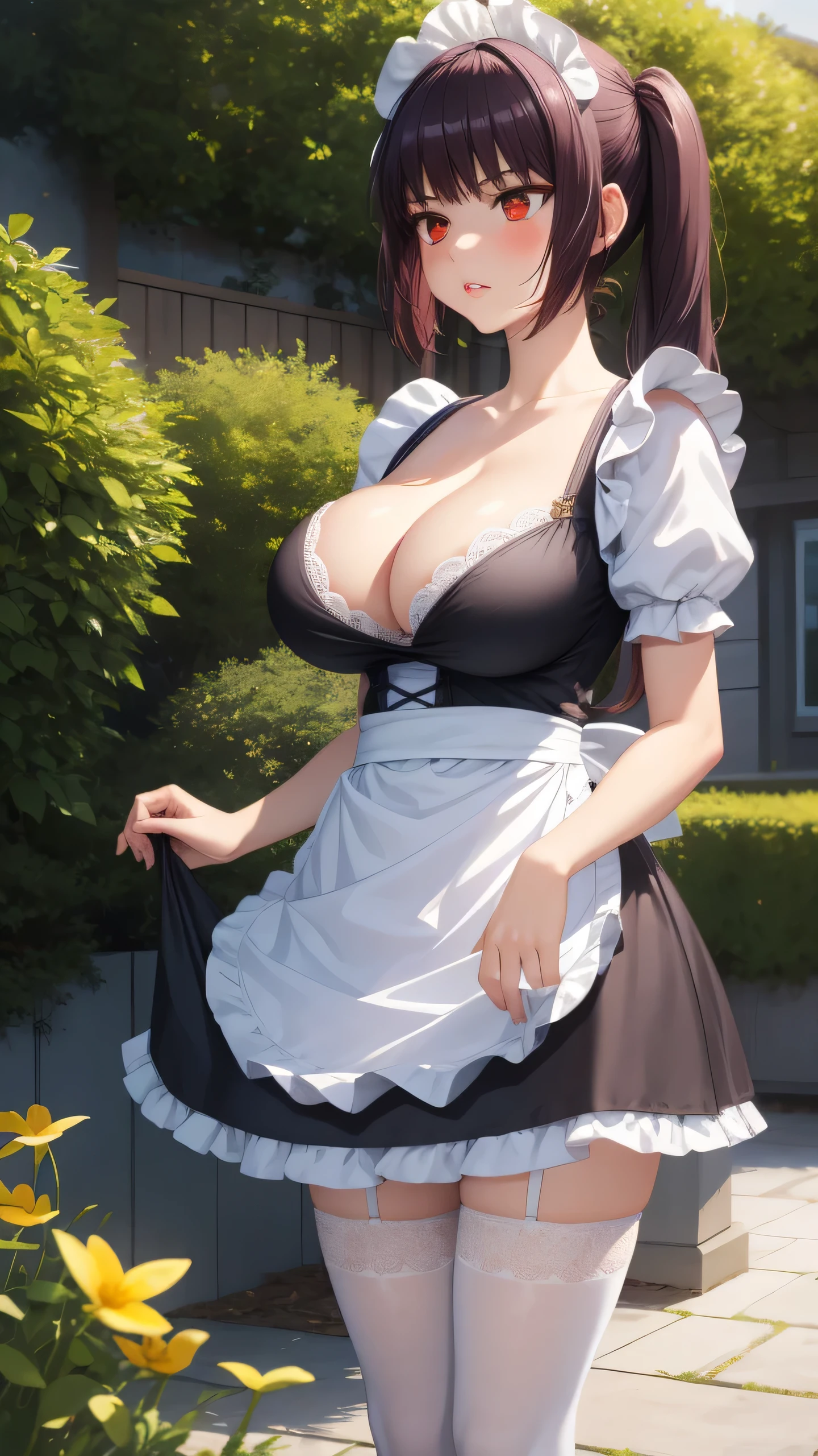 1girl, natural lighting, masterpiece, highly detailed, illustration, game CG, absurdres, high quality, Sana Sunomiya, (large breasts:1.5), beautiful detailed eyes, red eyes, long hair, purple hair, twintails, bangs, glossy lips, lips parted, blush, garden, standing, maid, short puffy sleeves, small maid apron, white thigh highs, collarbone, cleavage, from below