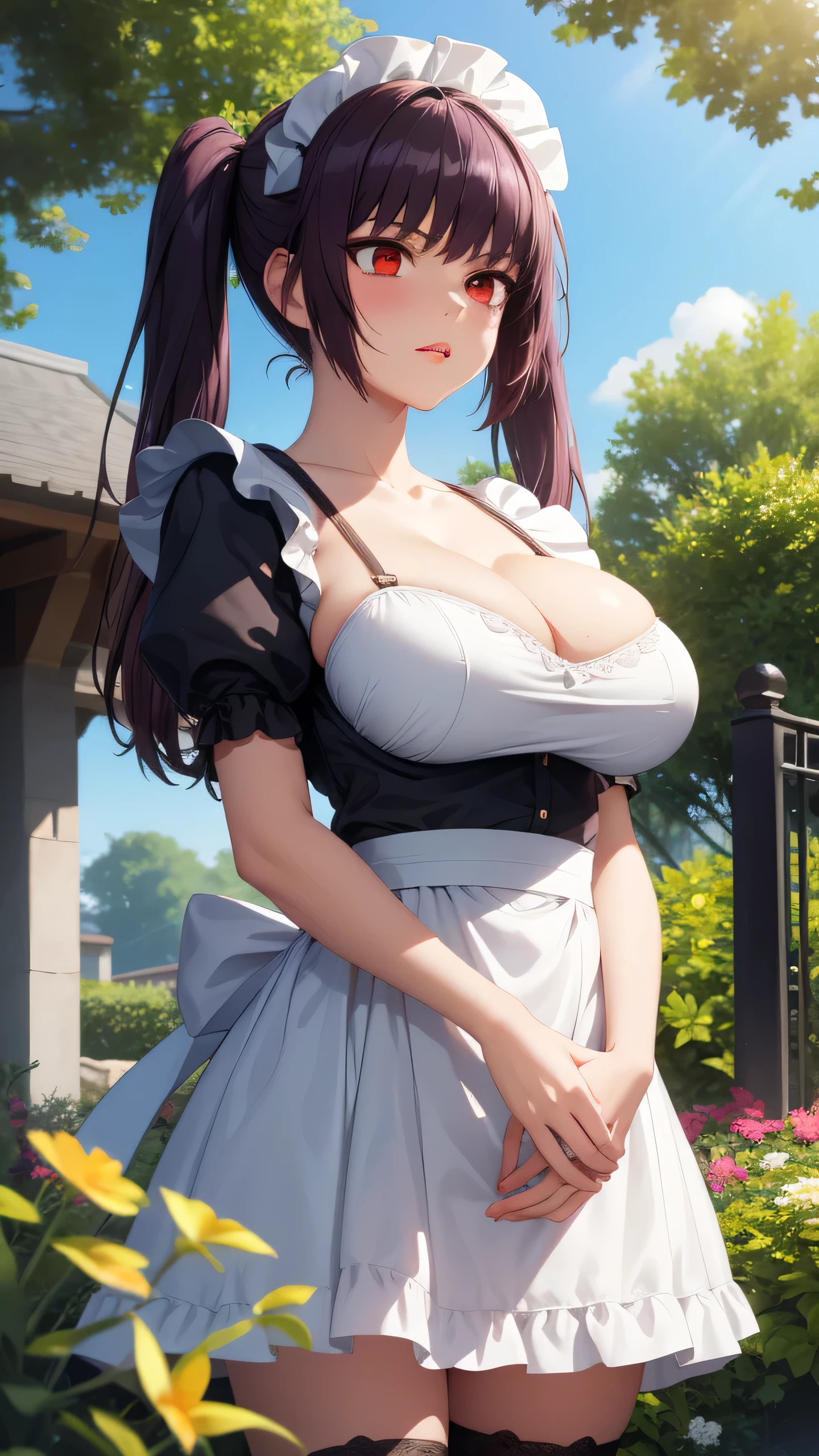 1girl, natural lighting, masterpiece, highly detailed, illustration, game CG, absurdres, high quality, Sana Sunomiya, (large breasts:1.5), beautiful detailed eyes, red eyes, long hair, purple hair, twintails, bangs, glossy lips, lips parted, blush, garden, standing, maid, short puffy sleeves, small maid apron, white thigh highs, collarbone, cleavage, from below