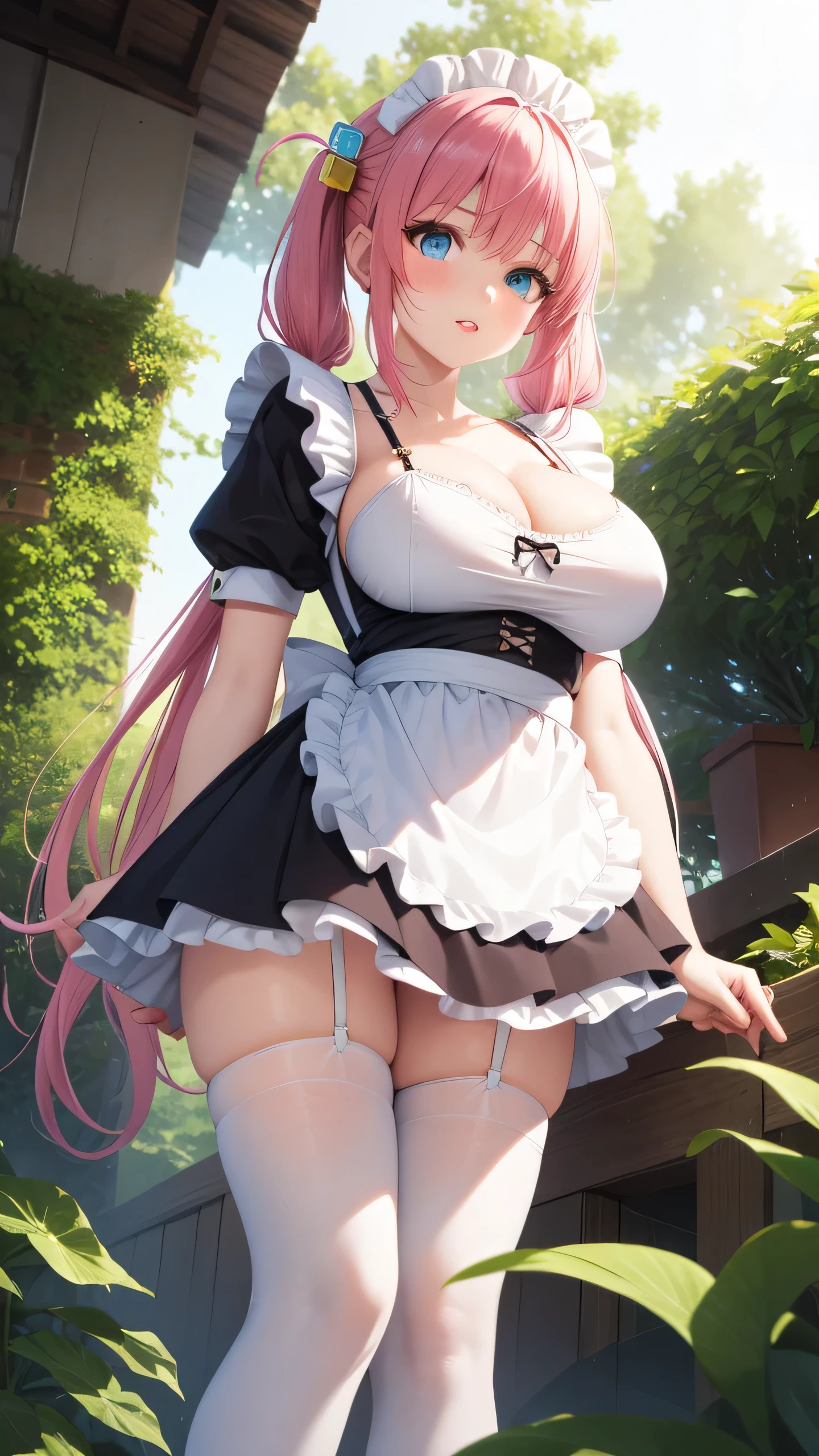 1girl, natural lighting, masterpiece, highly detailed, illustration, game CG, absurdres, high quality, Gotoh Hitori, (large breasts:1.5), beautiful detailed eyes, long hair, bangs, pink hair, (blue eyes), multicolored hair, twintails, bangs, cube hair ornament, glossy lips, lips parted, blush, garden, standing, maid, short puffy sleeves, small maid apron, white thigh highs, collarbone, cleavage, from below