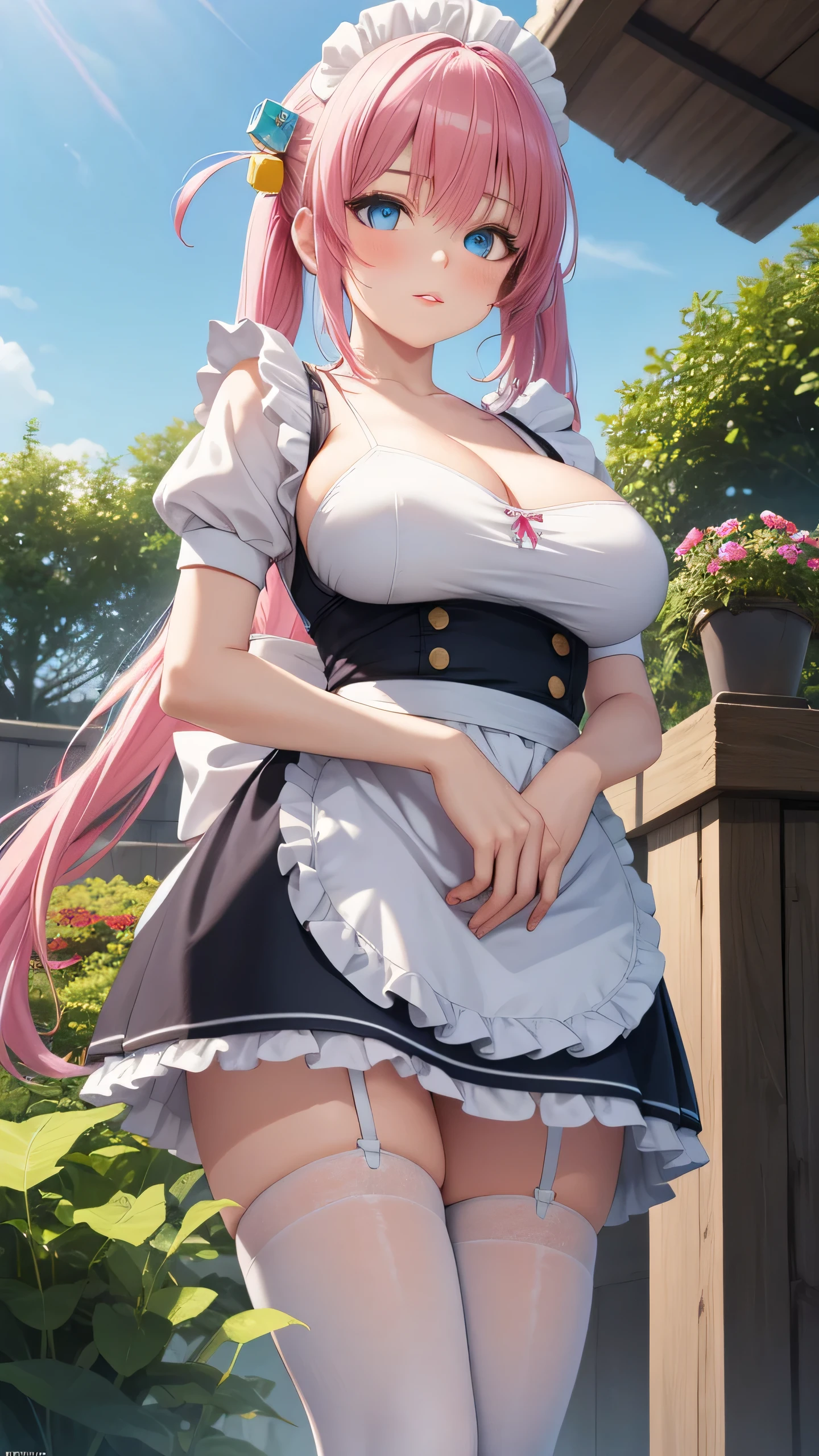 1girl, natural lighting, masterpiece, highly detailed, illustration, game CG, absurdres, high quality, Gotoh Hitori, (large breasts:1.5), beautiful detailed eyes, long hair, bangs, pink hair, (blue eyes), multicolored hair, twintails, bangs, cube hair ornament, glossy lips, lips parted, blush, garden, standing, maid, short puffy sleeves, small maid apron, white thigh highs, collarbone, cleavage, from below